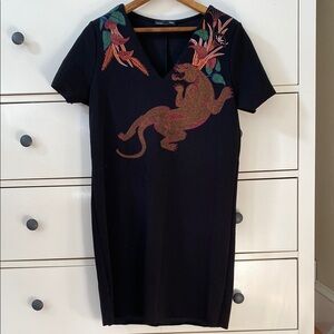 Black Dress with Embroidered Panther Design